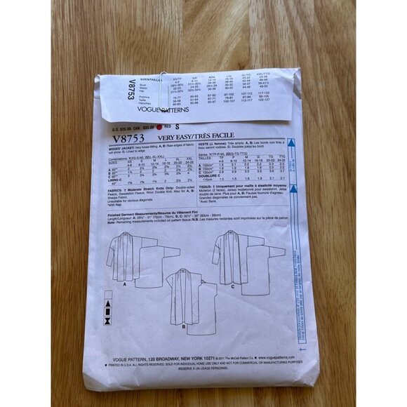 Vogue # V8753  Jacket Sewing Pattern Sizes lRG - XXL SKU 0259 UNCUT - Picture 4 of 4